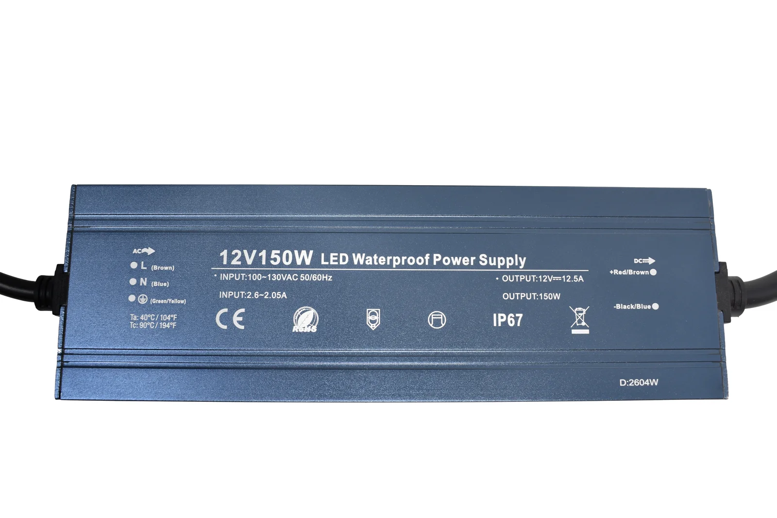 12V 150W LED Driver Power Supply, 100-130 VAC input, IP67 Waterproof