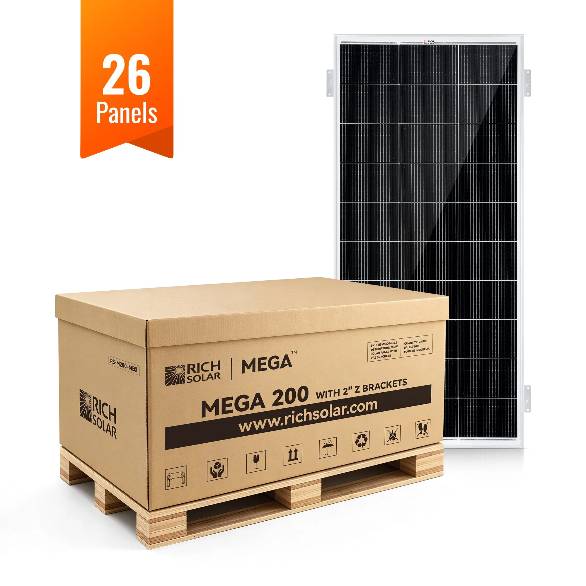 MEGA 200 WITH 2" BRACKETS | 12V 200W Solar Panel for RV, Boat, Cabins | 24.8% Efficiency, 25-Year Warranty | UL Certified | Pallet Orders Only (26/39 PCS)